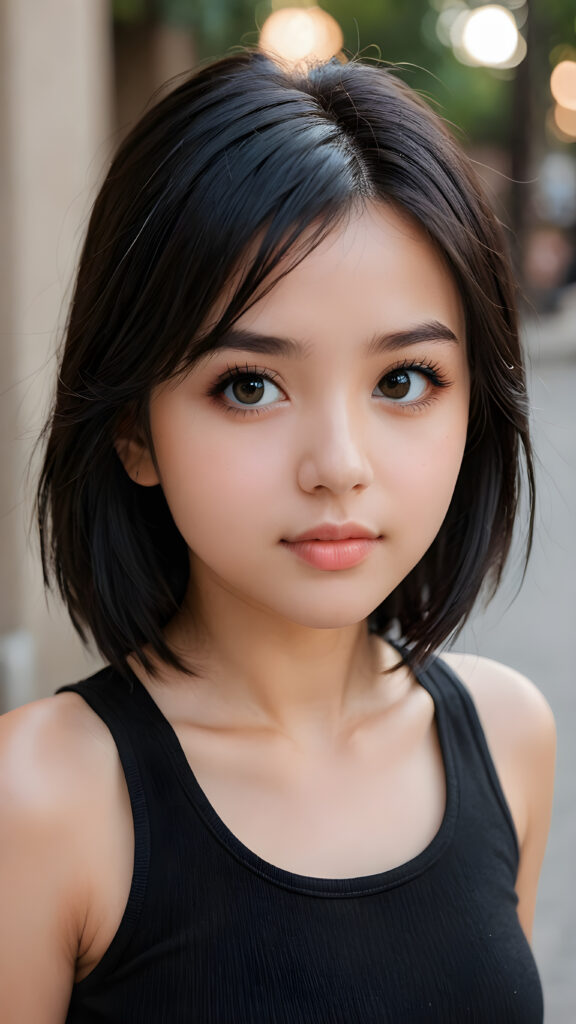 a (((young petite girlie))), wears a short cropped black tank top, straight soft long black hair, black detailed beautiful eyes, ((round face)), full kissable lips, round eyes, perfect skin