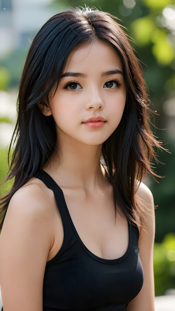 a (((young petite girlie))), wears a short cropped black tank top, straight soft long black hair, black detailed beautiful eyes, ((round face)), full kissable lips, round eyes, perfect skin, curved body, ((upper body))