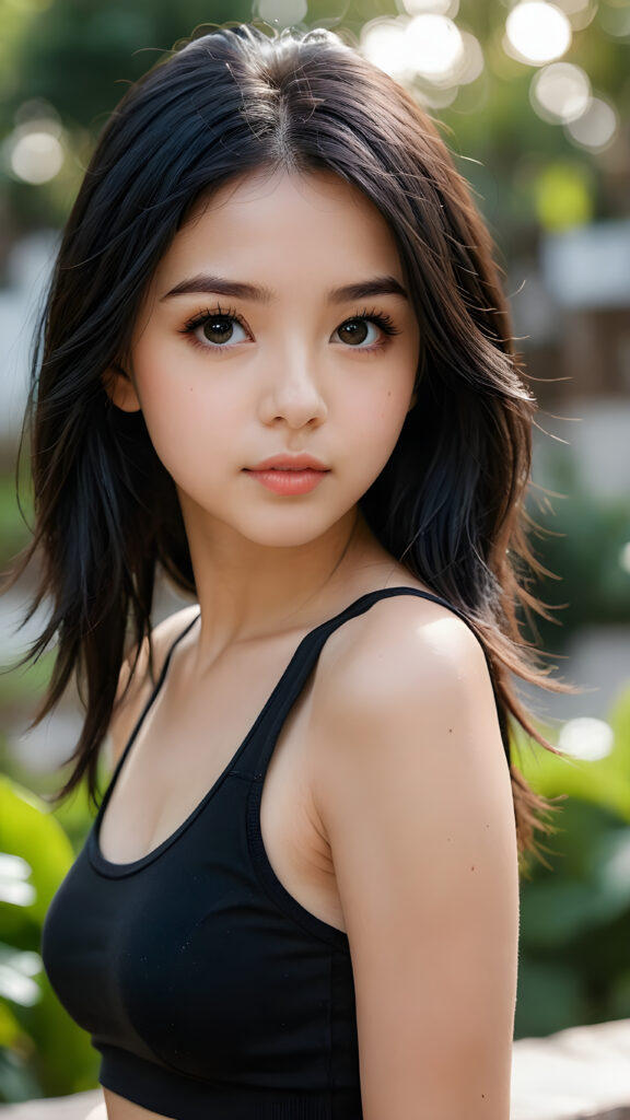 a (((young petite girlie))), wears a short cropped black tank top, straight soft long black hair, black detailed beautiful eyes, ((round face)), full kissable lips, round eyes, perfect skin