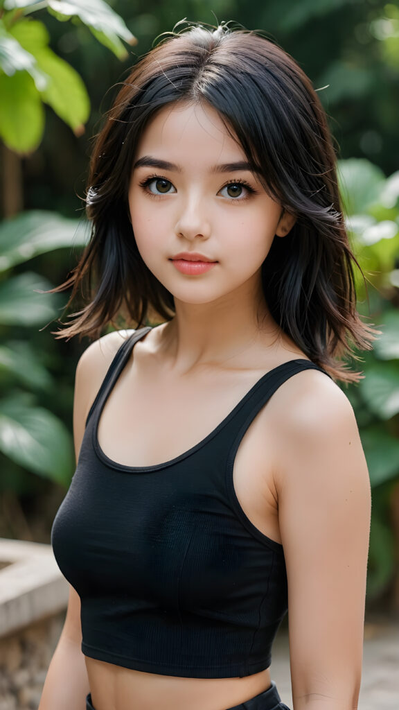 a (((young petite girlie))), wears a short cropped black tank top, straight soft long black hair, black detailed beautiful eyes, ((round face)), full kissable lips, round eyes, perfect skin