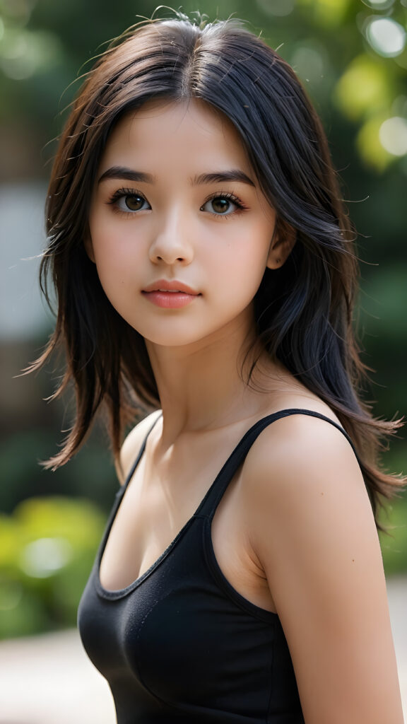 a (((young petite girlie))), wears a short cropped black tank top, straight soft long black hair, black detailed beautiful eyes, ((round face)), full kissable lips, round eyes, perfect skin, curved body, ((upper body))