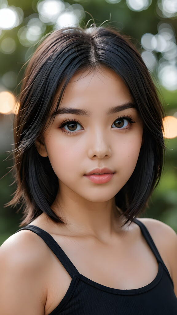 a (((young petite girlie))), wears a short cropped black tank top, straight soft long black hair, black detailed beautiful eyes, ((round face)), full kissable lips, round eyes, perfect skin