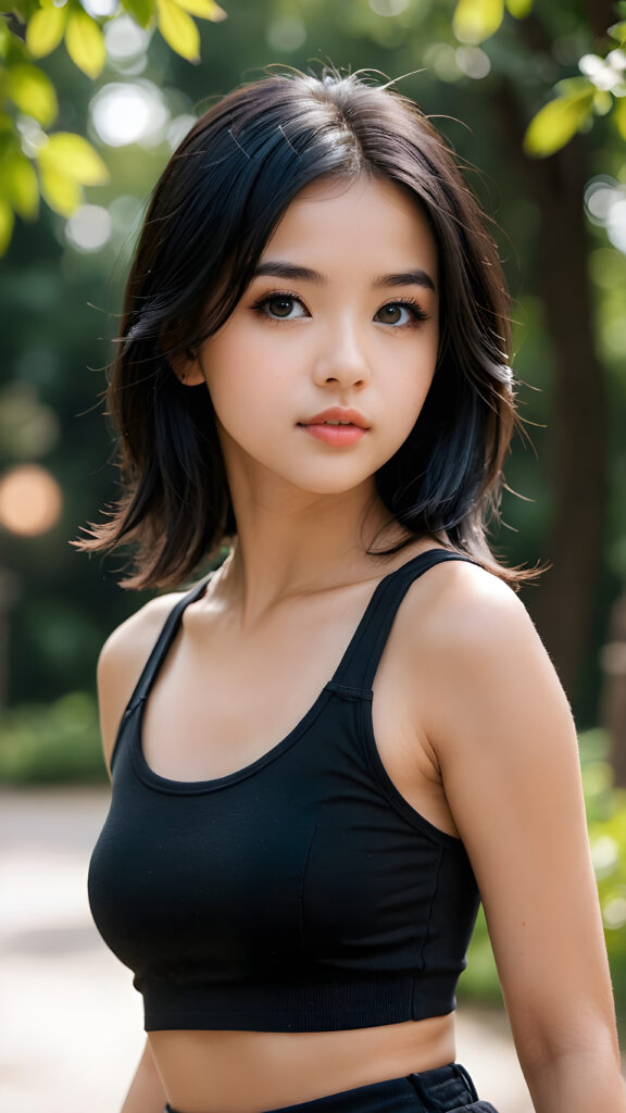 a (((young petite girlie))), wears a short cropped black tank top, straight soft long black hair, black detailed beautiful eyes, ((round face)), full kissable lips, round eyes, perfect skin, curved body, ((upper body))