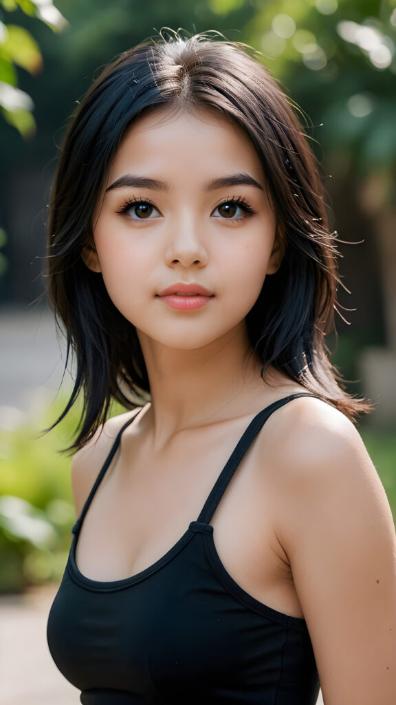 a (((young petite girlie))), wears a short cropped black tank top, straight soft long black hair, black detailed beautiful eyes, ((round face)), full kissable lips, round eyes, perfect skin, curved body, ((upper body))