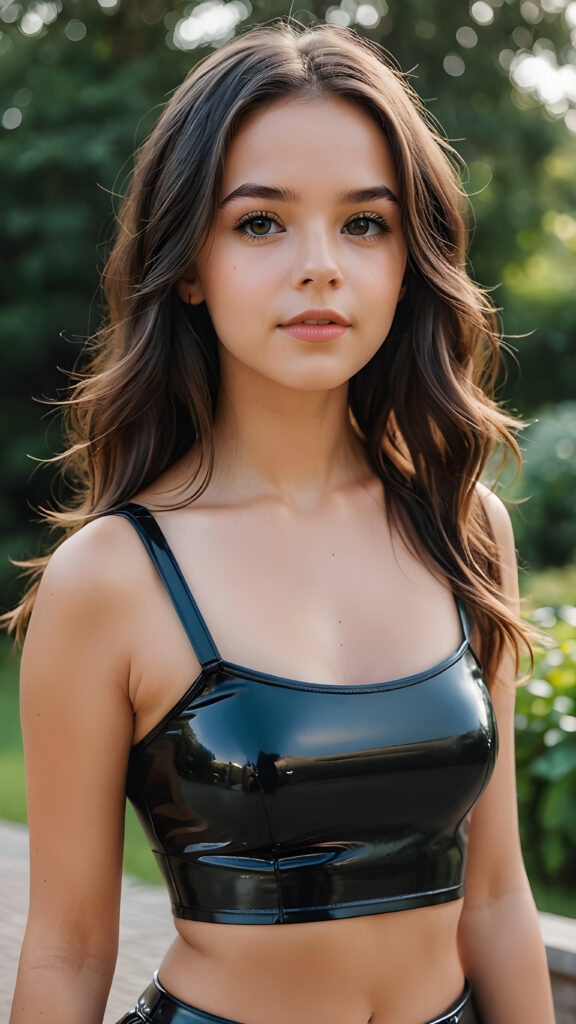 a young, pretty teen girl, dressed in black short crop top made of latex, she has long soft full hair, (detailed, realistic photo)