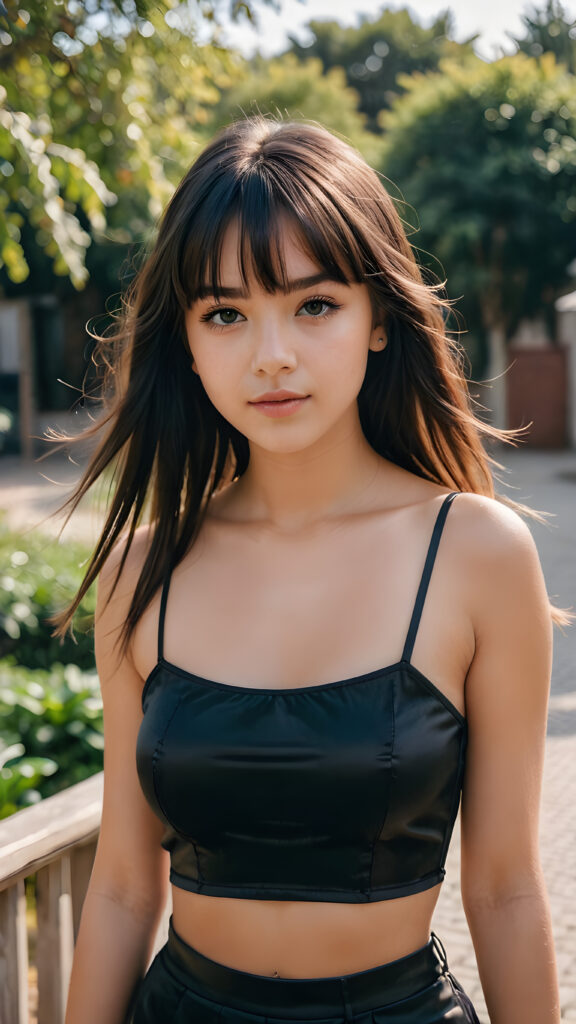 a young, pretty teen girl, dressed in black short crop top made of fine silk, she has long soft full straight jet hair, bangs cut, (detailed, realistic photo)