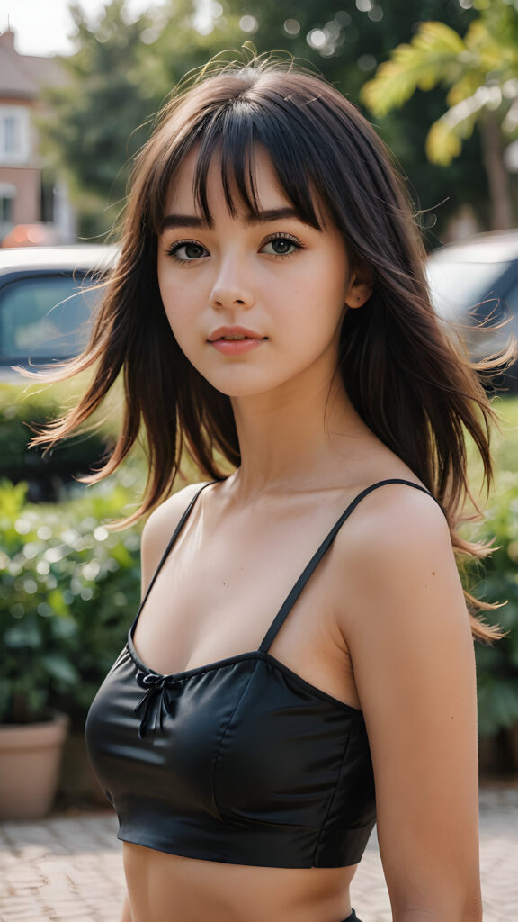 a young, pretty teen girl, dressed in black short crop top made of fine silk, she has long soft full straight jet hair, bangs cut, (detailed, realistic photo)