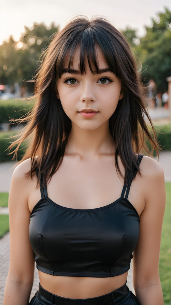 a young, pretty teen girl, dressed in black short crop top made of fine silk, she has long soft full straight jet hair, bangs cut, (detailed, realistic photo)