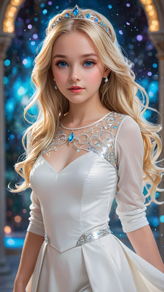 a (((young princess girl))) with long, straight blonde hair that flows like silk, cut in a ((modern, trendy style)), dressed in a ((pure white enchanted outfit))), her piercing blue eyes sparkling with an otherworldly light, her expression tranquil and serene, as she faces the camera with an ethereal glow, a full body shot capturing her perfect, curved form, in a digital drawing style