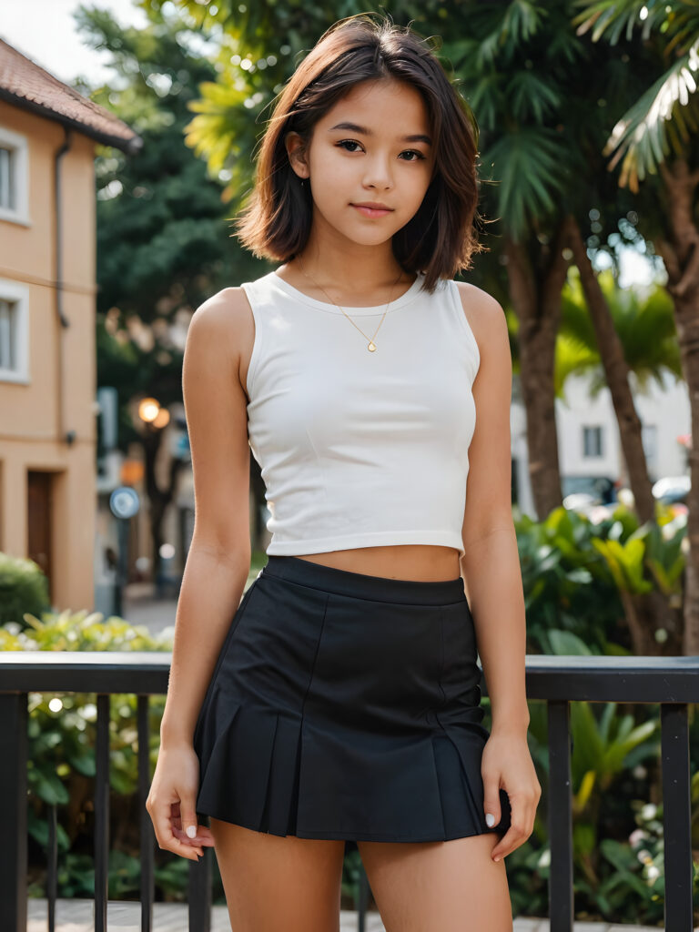 a young stunning and gorgeous young 14 years old Exotic teen girl with dark straight soft hair, tomboy, brown-skinned, dressed in a black mini skirt, white super short cropped top that support her perfect curved body