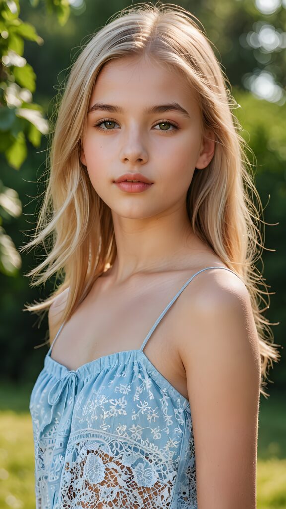 a young summer teen girl, lightly dressed, 13 years old, blond straight hair, flawless skin, ((stunning)) ((gorgeous)) ((detailed full body portrait)), ((empty background)), ((full lips))