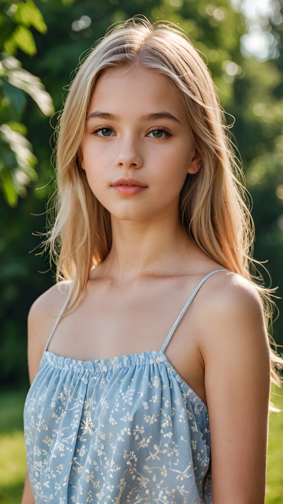 a young summer teen girl, lightly dressed, 13 years old, blond straight hair, flawless skin, ((stunning)) ((gorgeous)) ((detailed full body portrait)), ((empty background)), ((full lips))