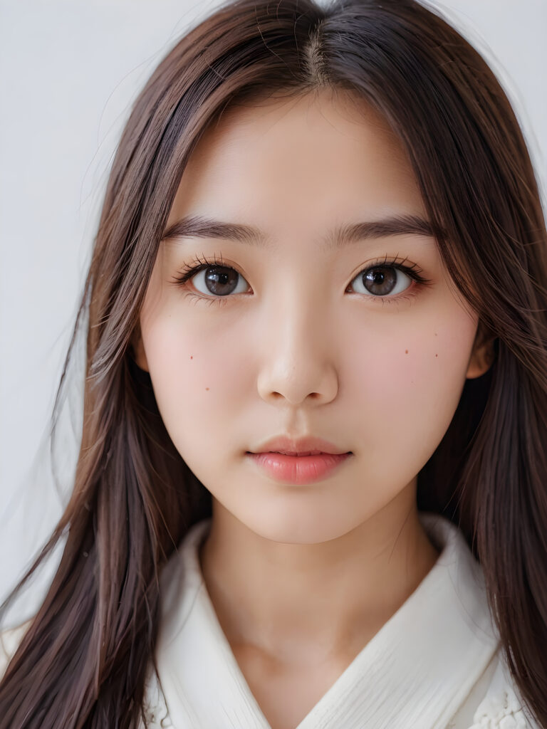 a young super cute Japanese girl, detailed close-up portrait, straight long hair, ((stunning)) ((gorgeous)) ((white background))