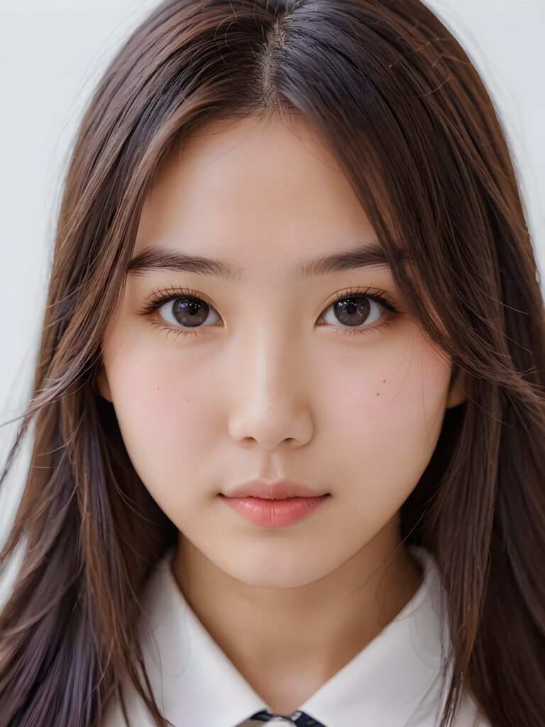 a young super cute Japanese girl, detailed close-up portrait, straight long hair, ((stunning)) ((gorgeous)) ((white background))