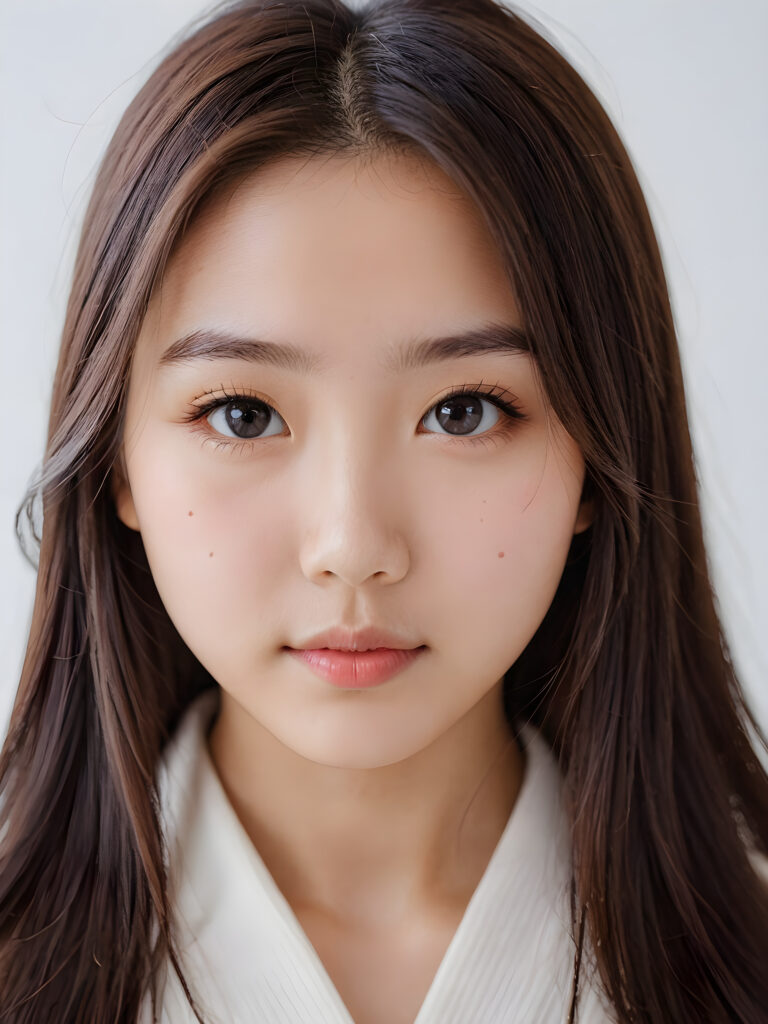 a young super cute Japanese girl, detailed close-up portrait, straight long hair, ((stunning)) ((gorgeous)) ((white background))