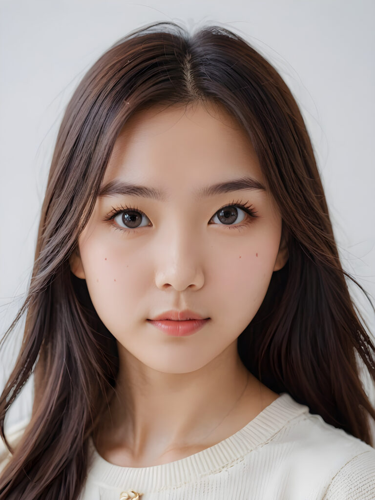 a young super cute Japanese girl, detailed close-up portrait, straight long hair, ((stunning)) ((gorgeous)) ((white background))