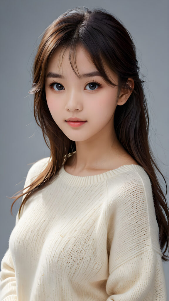 a young, sweet, pretty Chinese teen girl ((stunning)) ((gorgeous)) ((masterpiece of photo)) is wearing a thin white wool sweater. She looks seductively at the viewer, long straight dark hair in bangs cut, deep blue eyes, she has a perfect body, side view, upper-body, grey background