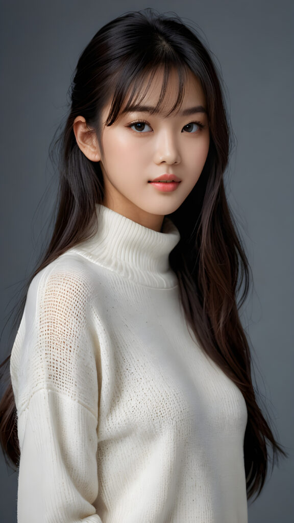 a young, sweet, pretty Vietnamese teen girl ((stunning)) ((gorgeous)) ((masterpiece of photo)) is wearing a thin white wool sweater. She looks seductively at the viewer, long straight dark hair in bangs cut, deep blue eyes, she has a perfect body, side view, upper-body, grey background.