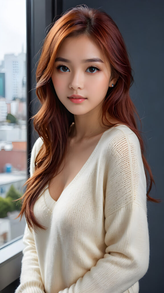 a young, sweet, pretty Filipino busty teen girl ((stunning)) ((gorgeous)) ((masterpiece of photo)) is wearing a thin white wool sweater with deep v-neck, she looks seductively at the viewer, long straight red shiny hair, deep blue eyes, she has a perfect body, side view, upper-body, grey background.