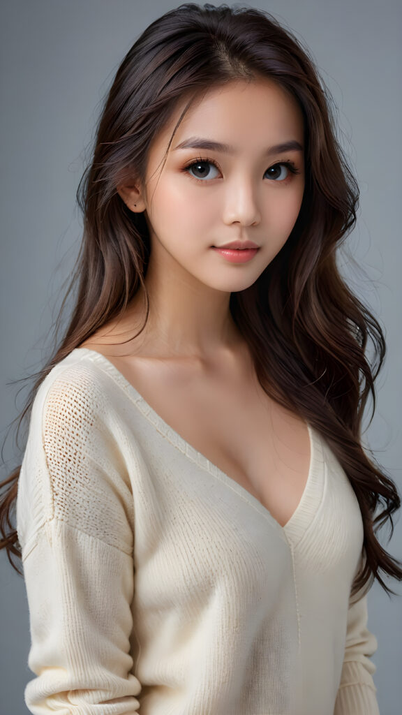 a young, sweet, pretty Malaysian busty teen girl ((stunning)) ((gorgeous)) ((masterpiece of photo)) is wearing a thin white wool sweater with deep v-neck, she looks seductively at the viewer, long straight dark shiny hair, deep blue eyes, she has a perfect body, side view, upper-body, grey background.