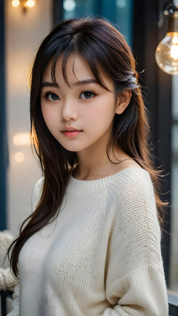 a young, sweet, pretty Asian teen girl ((stunning)) ((gorgeous)) ((masterpiece of photo)) is wearing a thin white wool sweater. She looks seductively at the viewer, long straight dark hair in bangs cut, deep blue eyes, she has a perfect body, side view, upper-body, grey background.