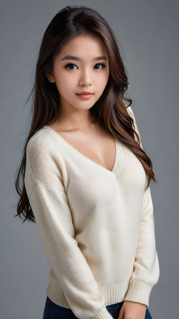 a young, sweet, pretty Malaysian busty teen girl ((stunning)) ((gorgeous)) ((masterpiece of photo)) is wearing a thin white wool sweater with deep v-neck, she looks seductively at the viewer, long straight dark shiny hair, deep blue eyes, she has a perfect body, side view, upper-body, grey background.