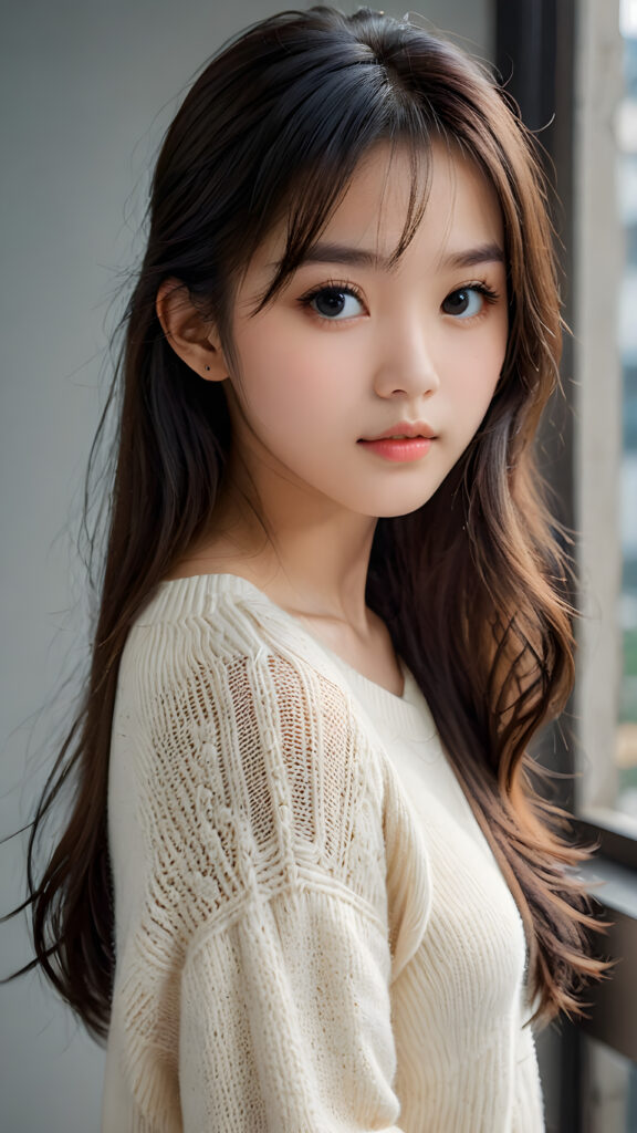 a young, sweet, pretty Chinese teen girl ((stunning)) ((gorgeous)) ((masterpiece of photo)) is wearing a thin white wool sweater. She looks seductively at the viewer, long straight dark hair in bangs cut, deep blue eyes, she has a perfect body, side view, upper-body, grey background