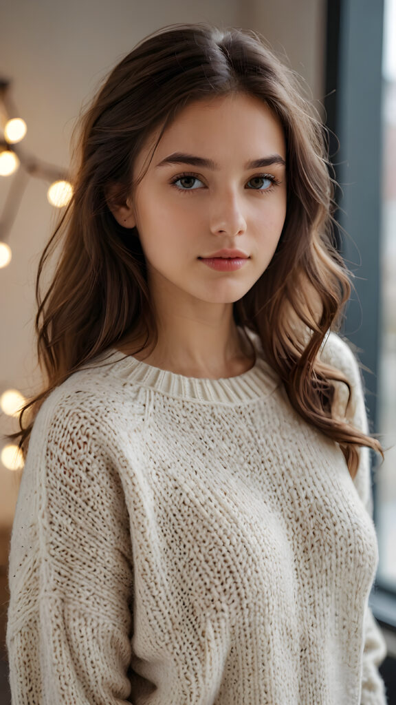 a young, sweet, pretty girl is wearing a wool sweater. She looks seductively at the viewer. She has a perfect body.