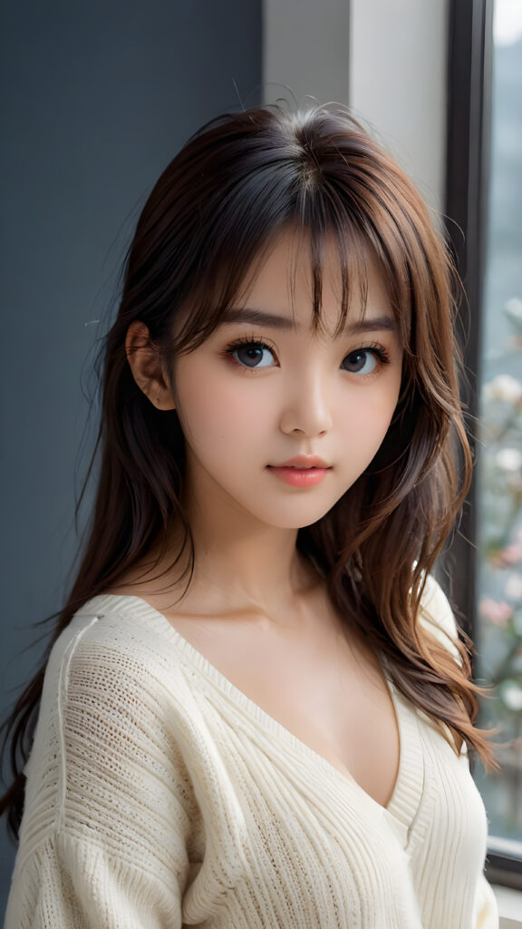 a young, sweet, pretty Japanese busty teen girl ((stunning)) ((gorgeous)) ((masterpiece of photo)) is wearing a thin white wool sweater with deep v-neck, she looks seductively at the viewer, long straight dark hair in bangs cut, deep blue eyes, she has a perfect body, side view, upper-body, grey background.