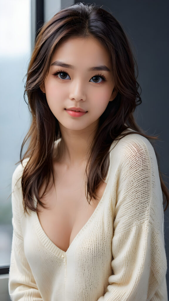 a young, sweet, pretty Malaysian busty teen girl ((stunning)) ((gorgeous)) ((masterpiece of photo)) is wearing a thin white wool sweater with deep v-neck, she looks seductively at the viewer, long straight dark shiny hair, deep blue eyes, she has a perfect body, side view, upper-body, grey background.