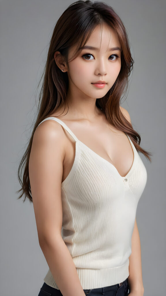 a young, sweet, pretty Korean busty teen girl ((stunning)) ((gorgeous)) ((masterpiece of photo)) is wearing a thin white wool tank top with deep v-neck, she looks seductively at the viewer, long straight shiny hair, bangs cut, amber eyes, she has a perfect body, side view, upper-body, grey background.