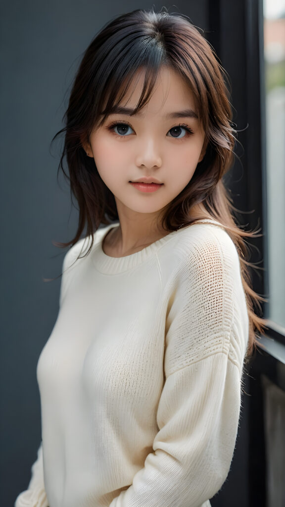 a young, sweet, pretty Asian teen girl ((stunning)) ((gorgeous)) ((masterpiece of photo)) is wearing a thin white wool sweater. She looks seductively at the viewer, long straight dark hair in bangs cut, deep blue eyes, she has a perfect body, side view, upper-body, grey background.