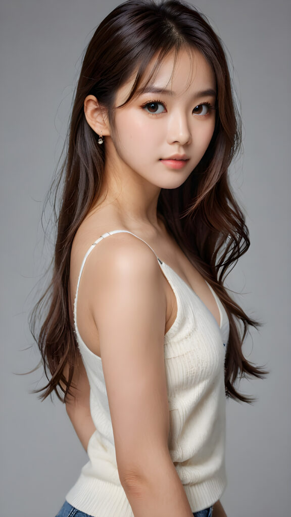 a young, sweet, pretty Korean busty teen girl ((stunning)) ((gorgeous)) ((masterpiece of photo)) is wearing a thin white wool tank top with deep v-neck, she looks seductively at the viewer, long straight shiny hair, bangs cut, amber eyes, she has a perfect body, side view, upper-body, grey background.