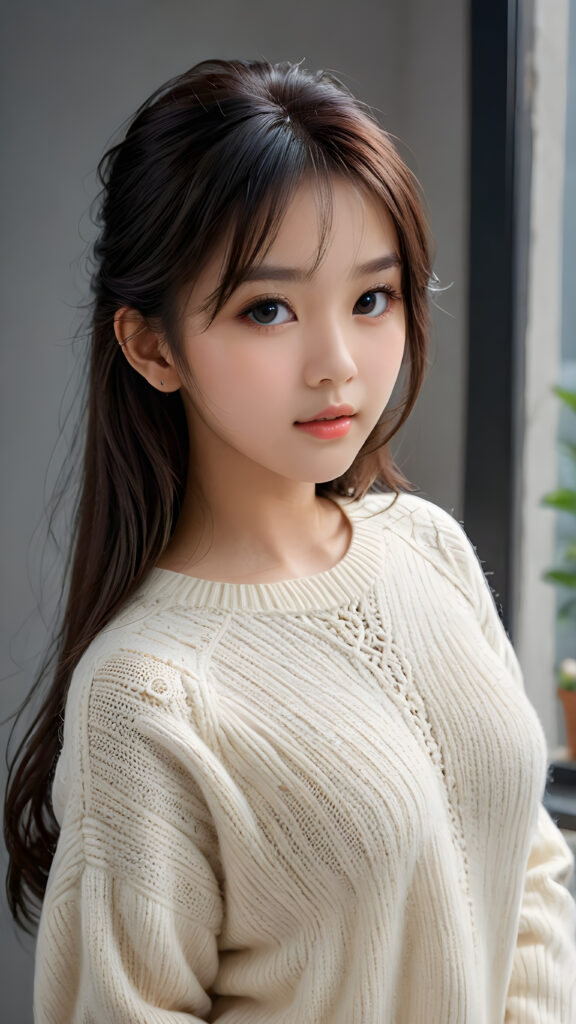 a young, sweet, pretty Taiwanese teen girl ((stunning)) ((gorgeous)) ((masterpiece of photo)) is wearing a thin white wool sweater. She looks seductively at the viewer, long straight dark hair in bangs cut, deep blue eyes, she has a perfect body, side view, upper-body, grey background.