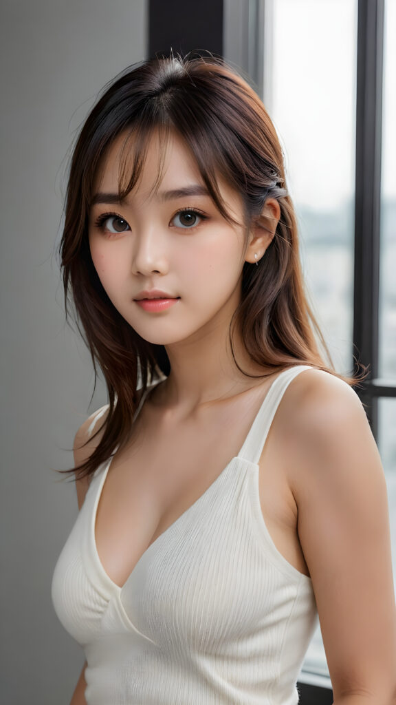 a young, sweet, pretty Korean busty teen girl ((stunning)) ((gorgeous)) ((masterpiece of photo)) is wearing a thin white wool tank top with deep v-neck, she looks seductively at the viewer, long straight shiny hair, bangs cut, amber eyes, she has a perfect body, side view, upper-body, grey background.