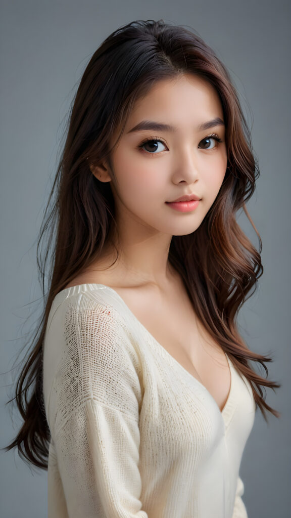 a young, sweet, pretty Malaysian busty teen girl ((stunning)) ((gorgeous)) ((masterpiece of photo)) is wearing a thin white wool sweater with deep v-neck, she looks seductively at the viewer, long straight dark shiny hair, deep blue eyes, she has a perfect body, side view, upper-body, grey background.