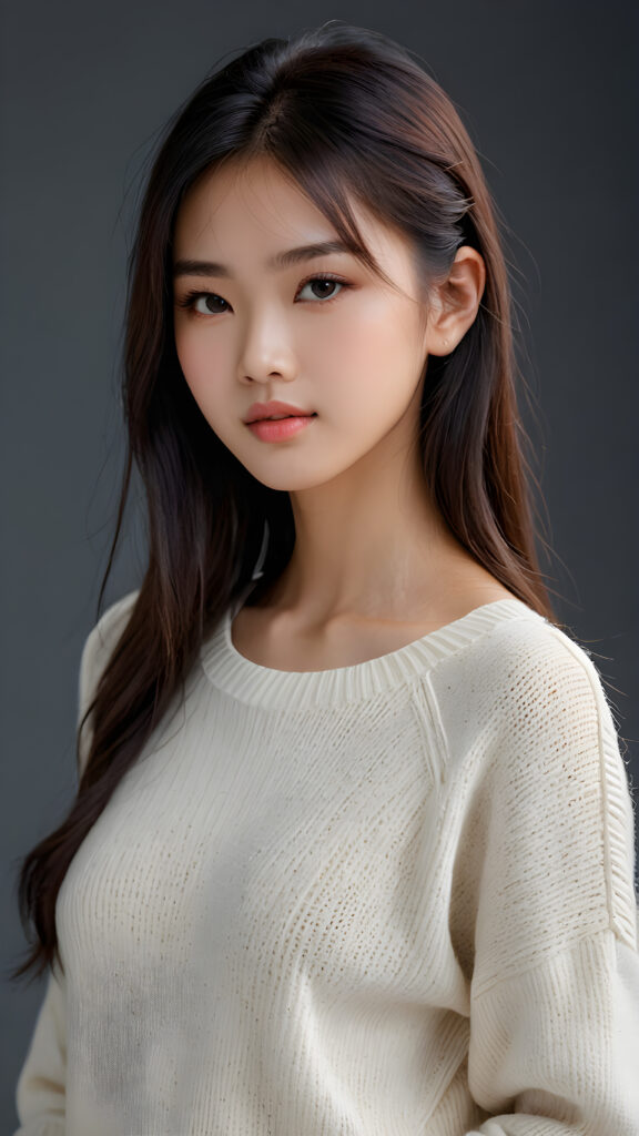 a young, sweet, pretty Vietnamese teen girl ((stunning)) ((gorgeous)) ((masterpiece of photo)) is wearing a thin white wool sweater. She looks seductively at the viewer, long straight dark hair in bangs cut, deep blue eyes, she has a perfect body, side view, upper-body, grey background.