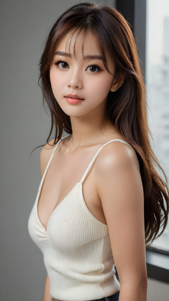 a young, sweet, pretty Korean busty teen girl ((stunning)) ((gorgeous)) ((masterpiece of photo)) is wearing a thin white wool tank top with deep v-neck, she looks seductively at the viewer, long straight shiny hair, bangs cut, amber eyes, she has a perfect body, side view, upper-body, grey background.