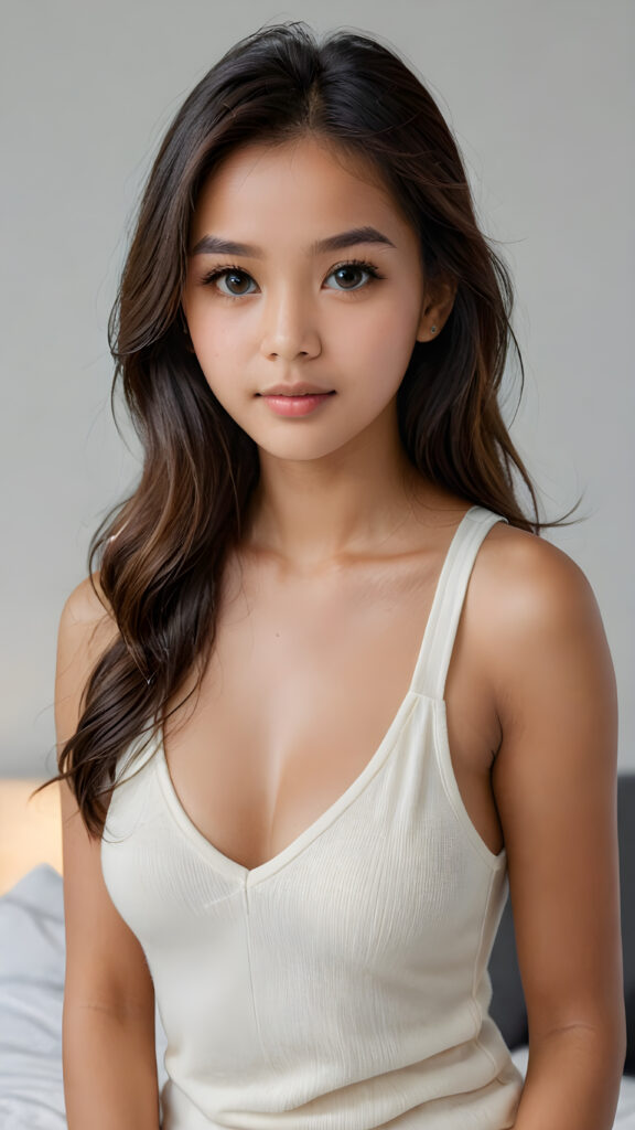 a young, sweet, tanned pretty Indonesian teen girl ((stunning)) ((gorgeous)) ((masterpiece of photo)) is wearing a thin white wool tank top, deep v-neck, she looks seductively at the viewer, long straight soft dark hair, amber shiny eyes, she has a perfect body, grey background