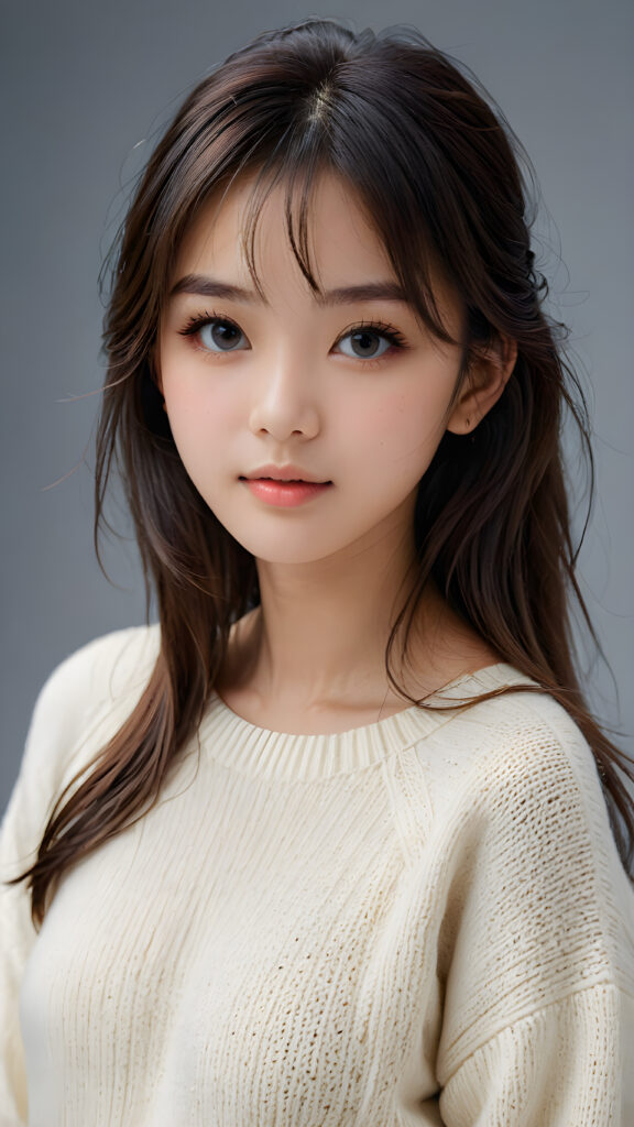 a young, sweet, pretty Chinese teen girl ((stunning)) ((gorgeous)) ((masterpiece of photo)) is wearing a thin white wool sweater. She looks seductively at the viewer, long straight dark hair in bangs cut, deep blue eyes, she has a perfect body, side view, upper-body, grey background