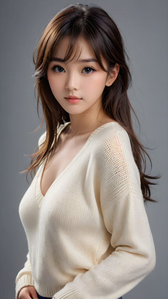 a young, sweet, pretty Japanese busty teen girl ((stunning)) ((gorgeous)) ((masterpiece of photo)) is wearing a thin white wool sweater with deep v-neck, she looks seductively at the viewer, long straight dark hair in bangs cut, deep blue eyes, she has a perfect body, side view, upper-body, grey background.