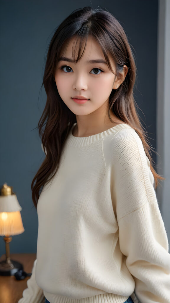 a young, sweet, pretty Asian teen girl ((stunning)) ((gorgeous)) ((masterpiece of photo)) is wearing a thin white wool sweater. She looks seductively at the viewer, long straight dark hair in bangs cut, deep blue eyes, she has a perfect body, side view, upper-body, grey background.