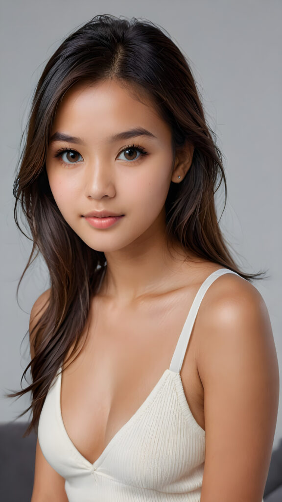 a young, sweet, tanned pretty Indonesian teen girl ((stunning)) ((gorgeous)) ((masterpiece of photo)) is wearing a thin white wool tank top, deep v-neck, she looks seductively at the viewer, long straight soft dark hair, amber shiny eyes, she has a perfect body, grey background