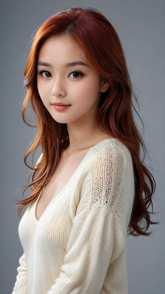 a young, sweet, pretty Filipino busty teen girl ((stunning)) ((gorgeous)) ((masterpiece of photo)) is wearing a thin white wool sweater with deep v-neck, she looks seductively at the viewer, long straight red shiny hair, deep blue eyes, she has a perfect body, side view, upper-body, grey background.