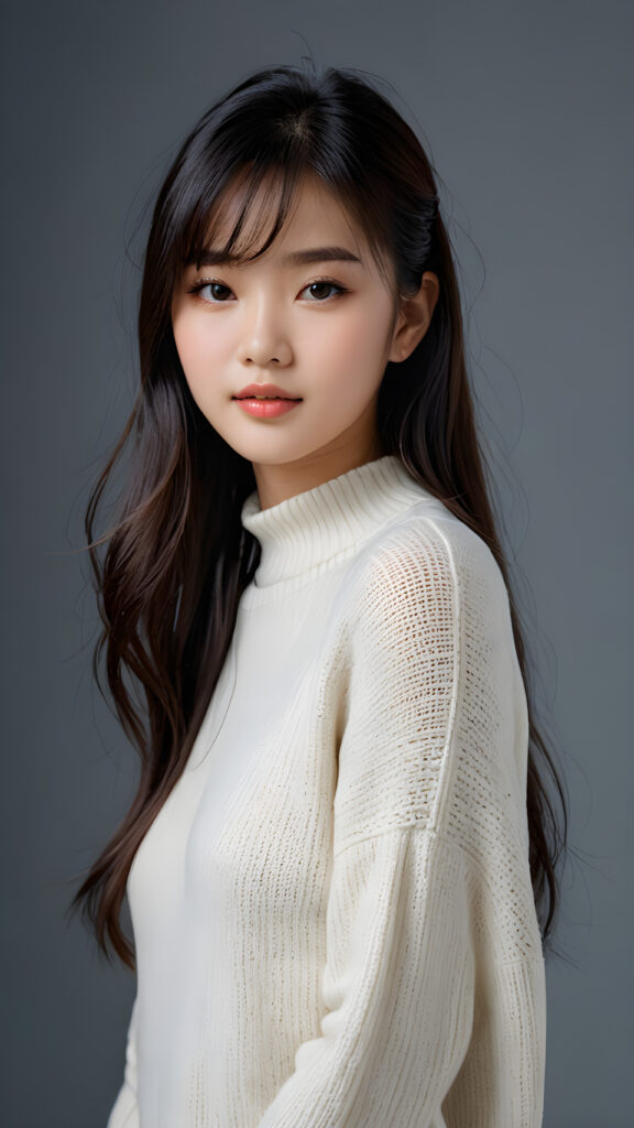 a young, sweet, pretty Vietnamese teen girl ((stunning)) ((gorgeous)) ((masterpiece of photo)) is wearing a thin white wool sweater. She looks seductively at the viewer, long straight dark hair in bangs cut, deep blue eyes, she has a perfect body, side view, upper-body, grey background.