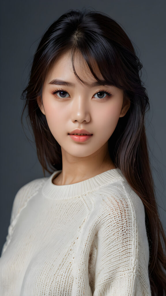 a young, sweet, pretty Vietnamese teen girl ((stunning)) ((gorgeous)) ((masterpiece of photo)) is wearing a thin white wool sweater. She looks seductively at the viewer, long straight dark hair in bangs cut, deep blue eyes, she has a perfect body, side view, upper-body, grey background.