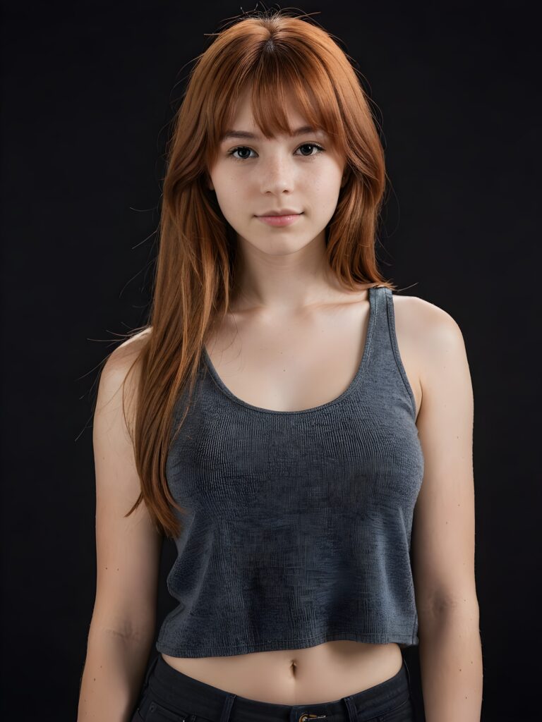 a (((young teen girl))), 15 years old with (((jet auburn-red thick straight long hair))) and bangs, wearing a (((fine grey wool cropped tank top))), capturing (((stunning gorgeousness))) against a (((black background)))