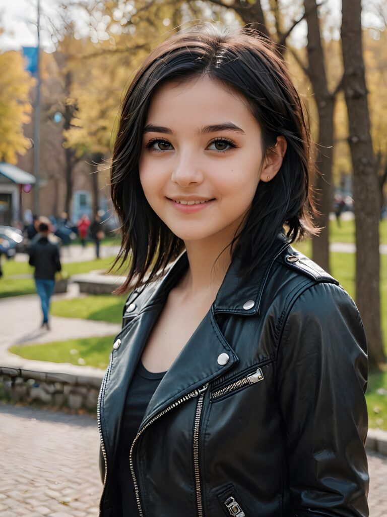 a young teen babe, dark jet hair, smile, in emo style, wears a thin, tight leather jacket, natural spring in backdrop