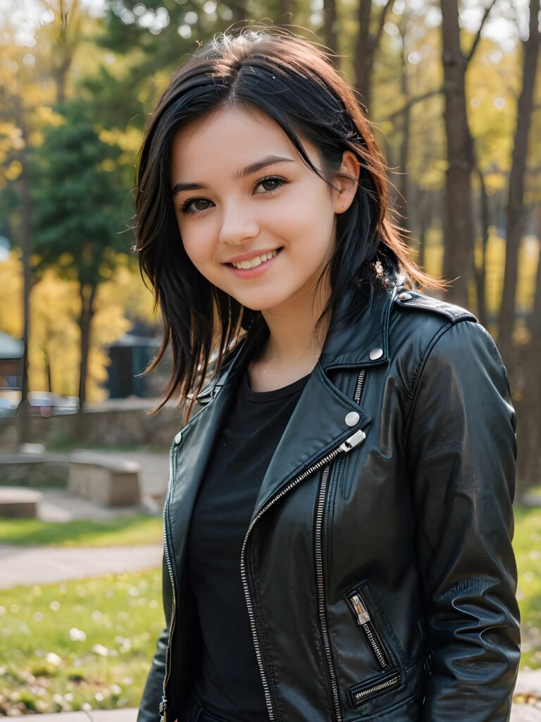 a young teen babe, dark jet hair, smile, in emo style, wears a thin, tight leather jacket, natural spring in backdrop