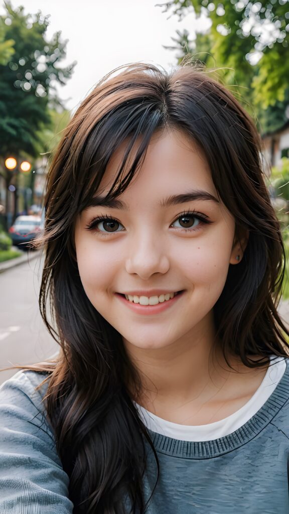 a young teen babe, dark hair, smile, in emo style